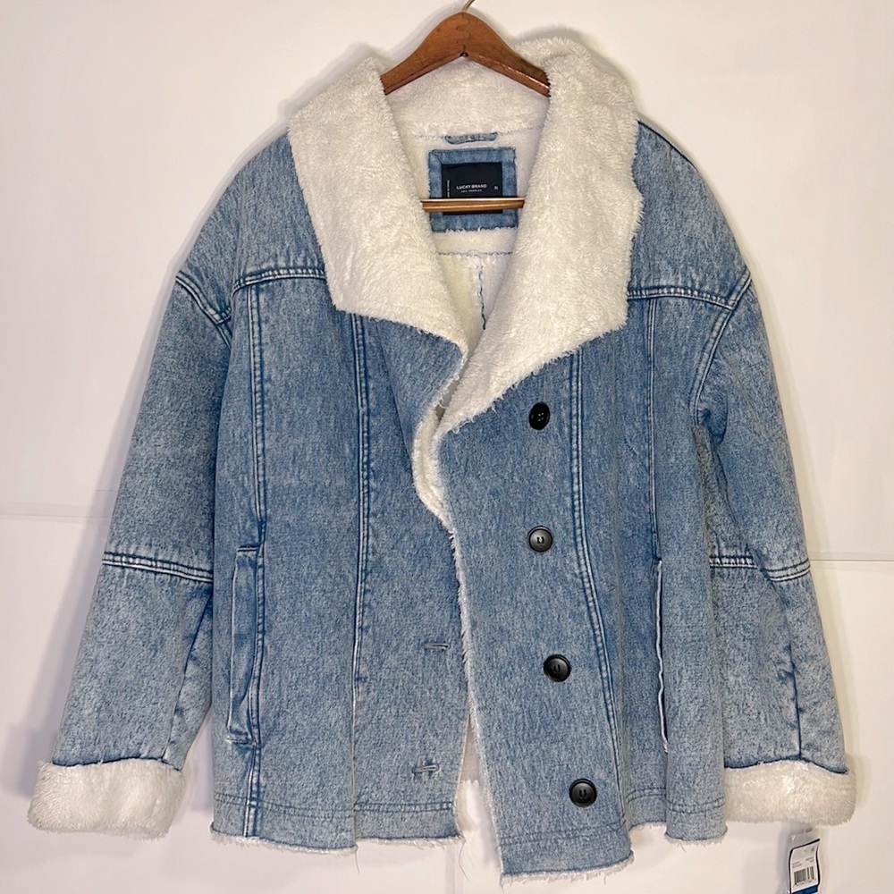 Lucky Brand Women’s Faux-Shearling Lined Shawl Collar Denim Jacket, Extra Large